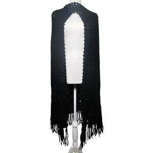 VTG Sweater Bee by BANFF Black Wool Open Knit Fringed Hooded Cape Layering Fairy